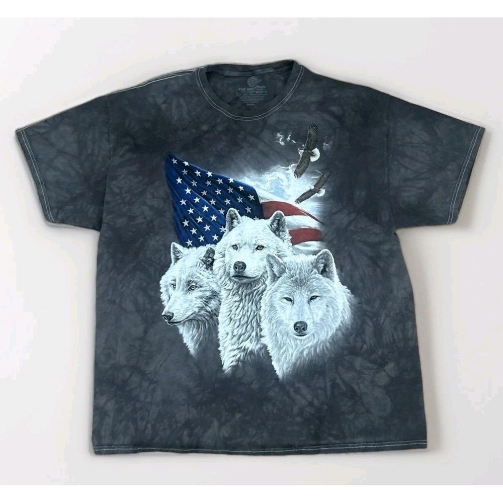 The Mountain T Shirt Patriotic USA America Flag Three Wolves Eagle Gray Mens 2XL